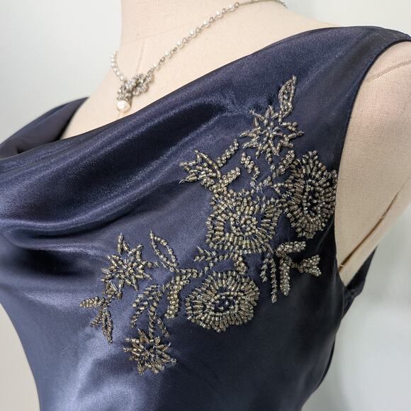 Vintage Prom Dress Maxi Gown 2 Blue Ombre Fairy Grunge 90s Y2K Satin Bead Floral - Picture 4 of 12